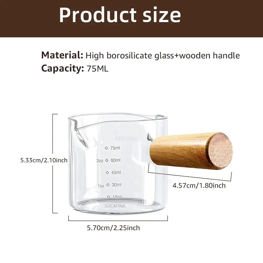 Glass Measuring Cup With Wood Handle For Espresso And Milk Clear Coffee Measuring Mug For Home Barista