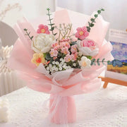 Stuffed Plants bouquet handmade fabric flowers in pink wrapping with lace bow