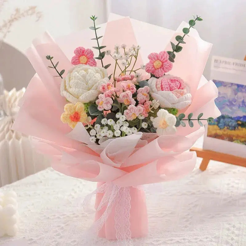 Stuffed Plants bouquet handmade fabric flowers in pink wrapping with lace bow