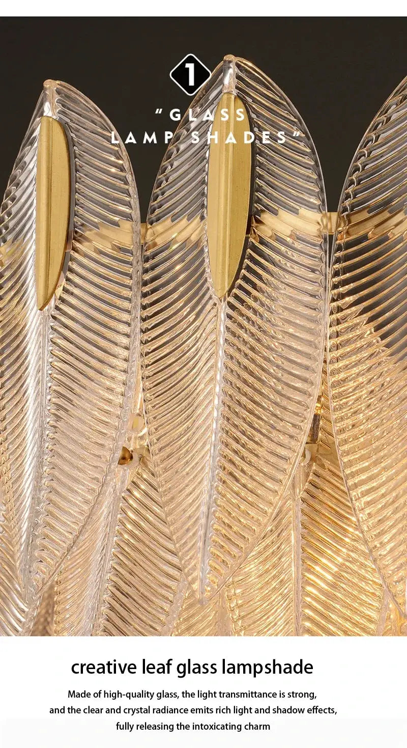 Glass leaf chandelier pendant lamp with ribbed clear glass leaves and gold-tone accents