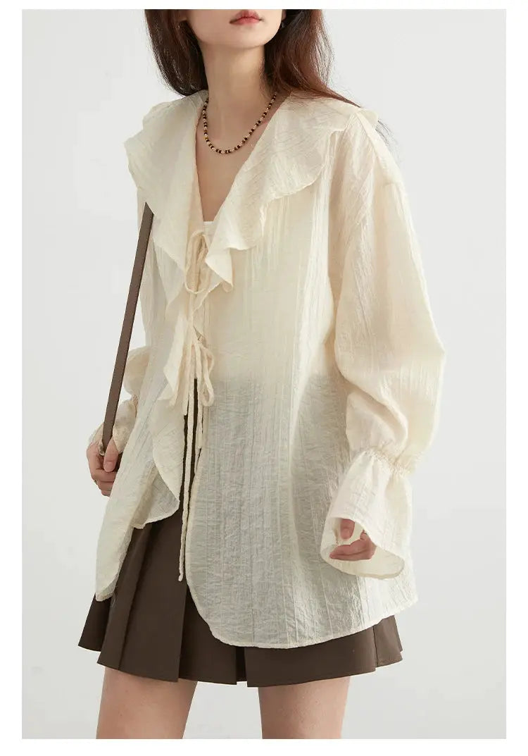 Simples Market CHIC VEN women's cream lace-up blouse with ruffled edges and long puff sleeves