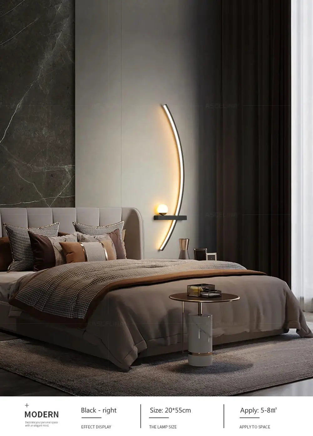 Simples Market LED wall lamp, black curved modern design with warm glow, wall-mounted beside bed in a stylish bedroom.