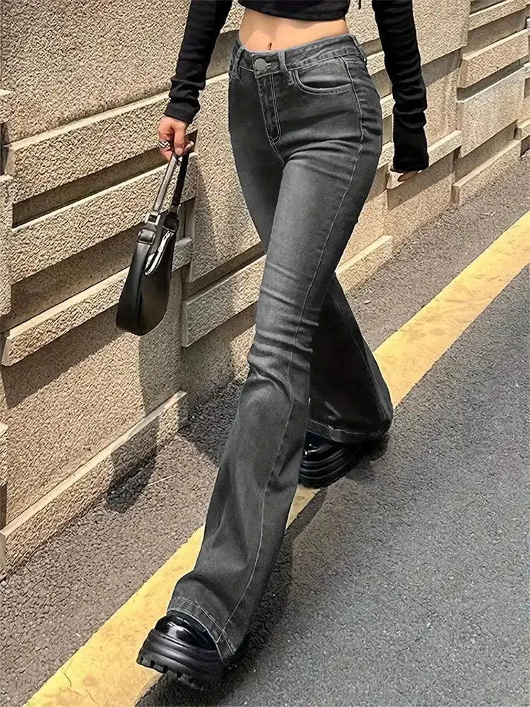 Women Flare Jeans High Waist Moustache Wash Denim Bell Bottom Y2K