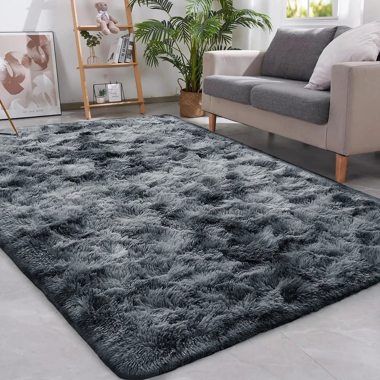 Simples Market tie-dyed dark gray shag rug for living room and bedroom, washable, non-slip.