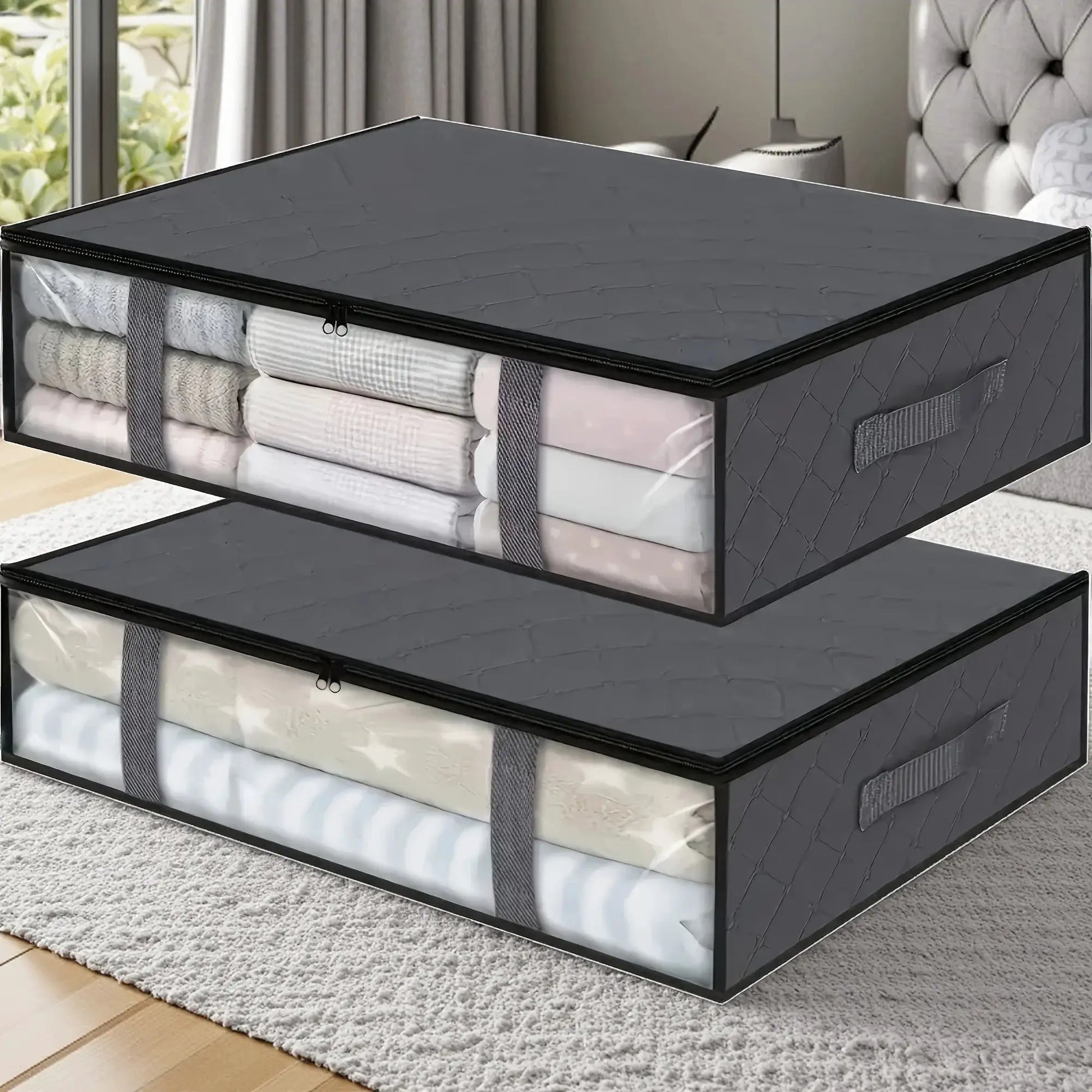 2pc under-bed storage bag set by Simples Market, black non-woven with clear window and reinforced handles for blankets
