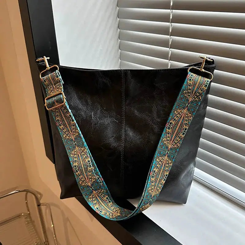 Nova Geometric Strap Shoulder Bag Wide Crossbody Large Capacity Retro PU Leather