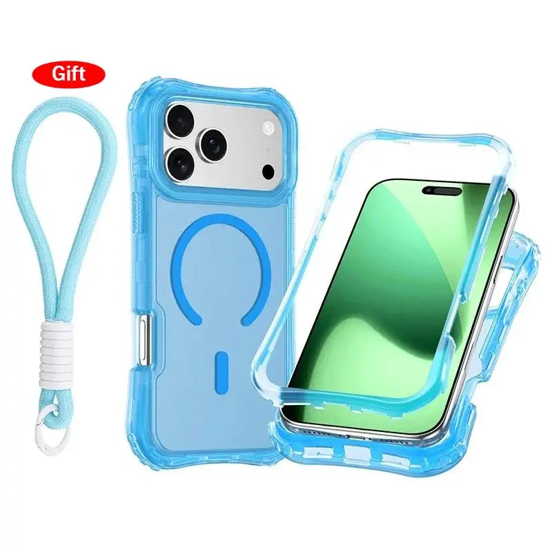 Armor 3IN1 PC+TPU magnetic charging clear case in blue for iPhone 17 Pro Max; includes wrist strap