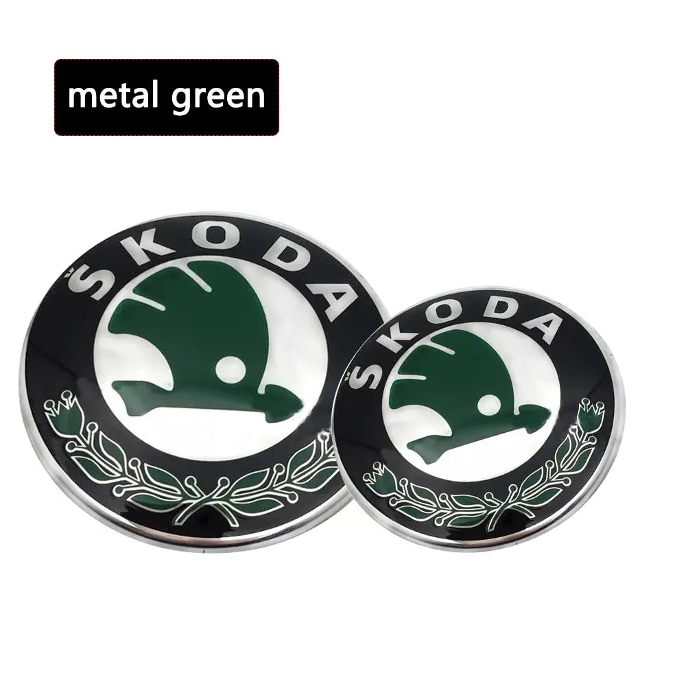 Skoda circular metal green badge emblems, pair (80mm & 90mm) for car front/rear.