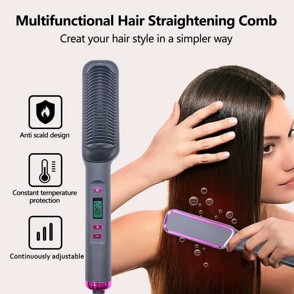 Multifunctional hair straightening comb in gray with pink accents, digital display and anti-scald design