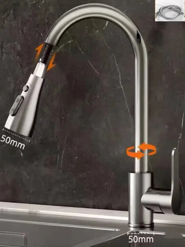Kitchen faucet with pull-out spray head in chrome finish, single-hole sink mixer