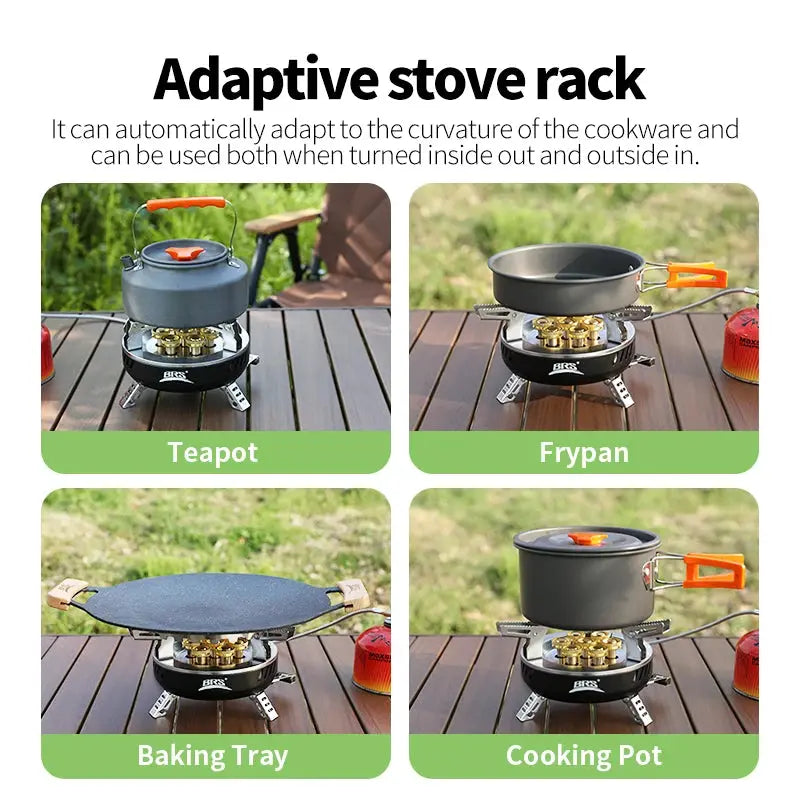 BRS portable folding gas stove with adaptive rack; teapot, frypan, baking tray, cooking pot setups