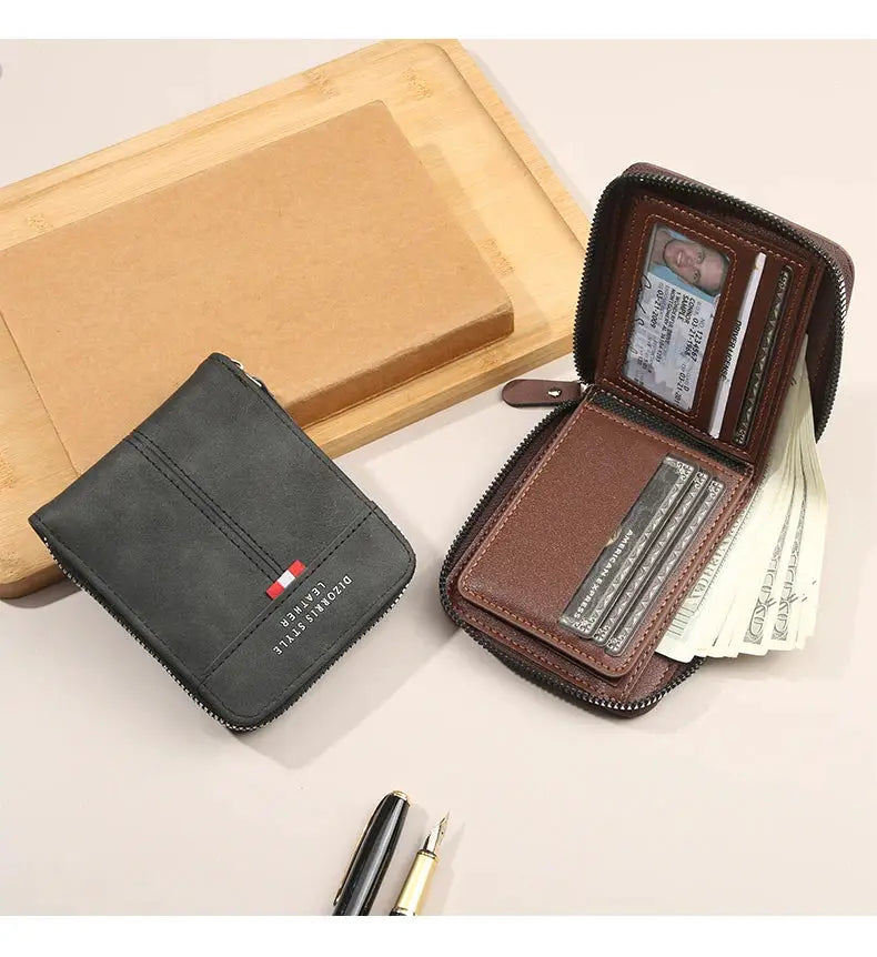 Two Simples Market men's zip-around wallets, gray exterior and brown interior with card slots and cash