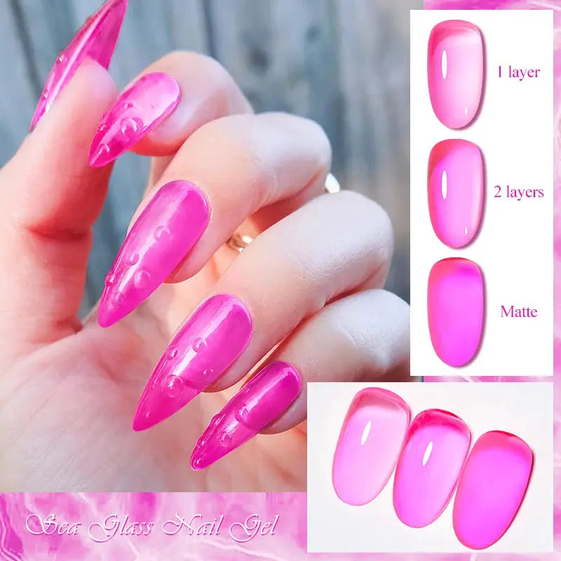 Sea Glass Nail Gel kit featuring pink jelly gel nails on hand; swatches show 1 layer, 2 layers, and matte finish