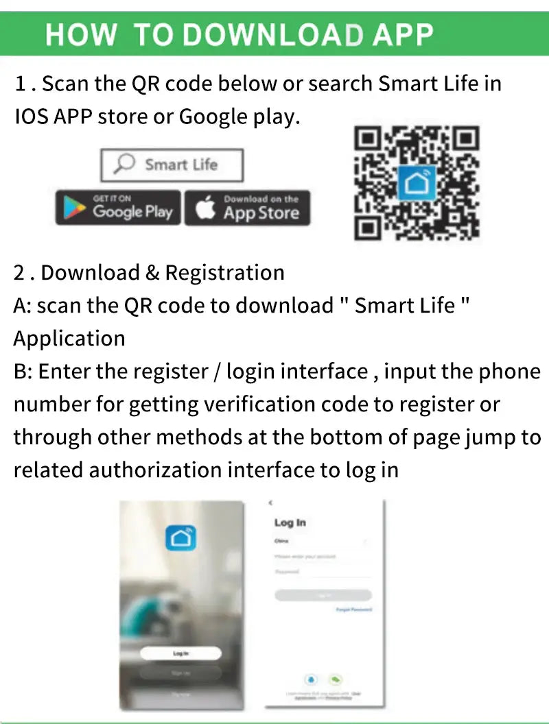 RF433 US WiFi smart wall switch setup guide showing Smart Life app QR code and Google Play / App Store badges.