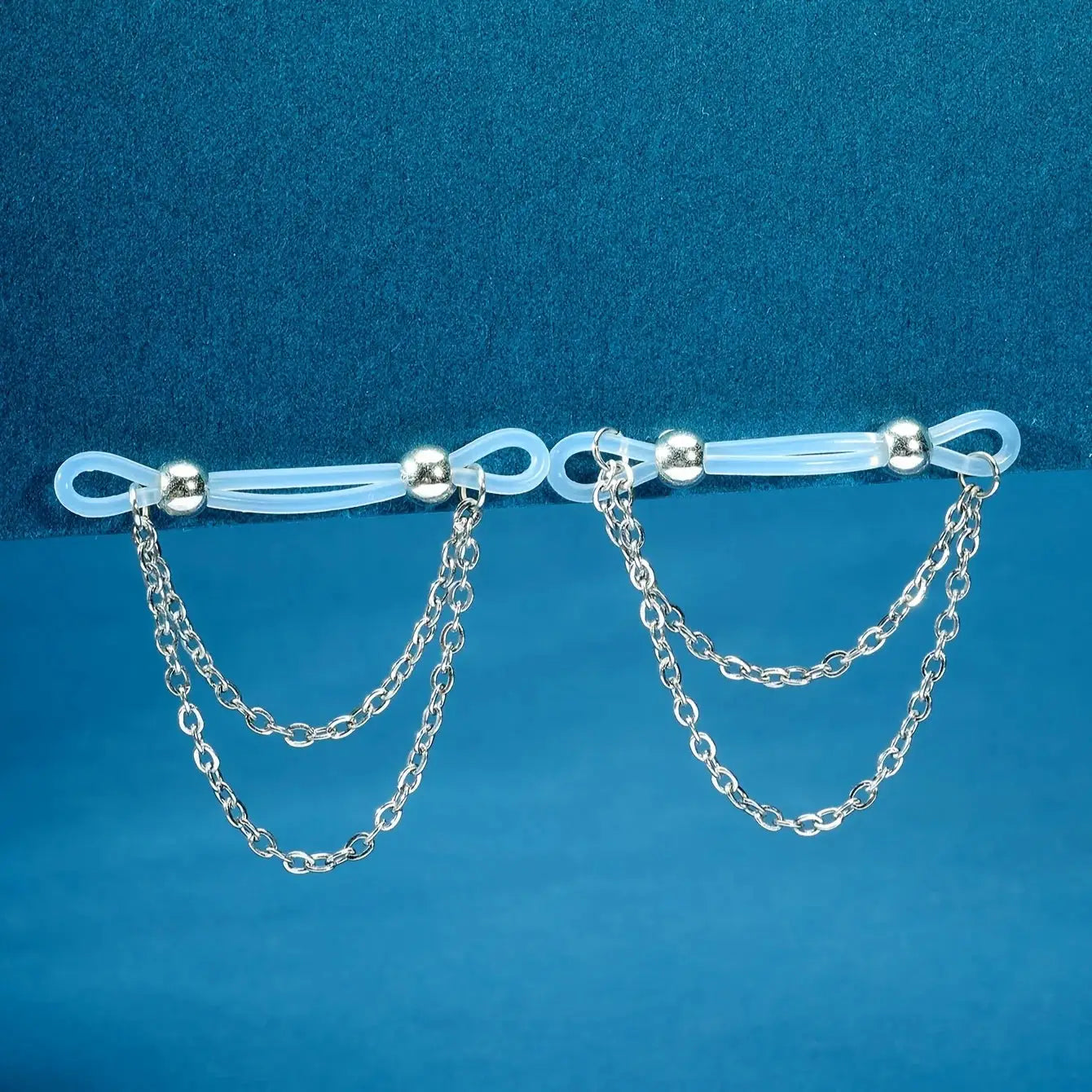 1 pair adjustable fake nipple rings with clear acrylic loops, sparkling silver beads and dangling chains
