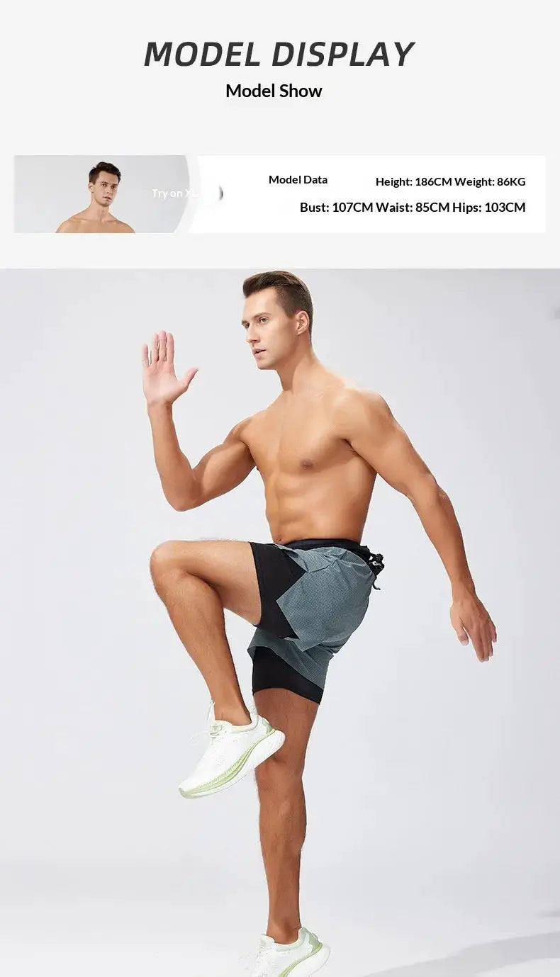 Men's double-layer running shorts in gray with a black inner liner, quick-dry breathable outdoor sportswear
