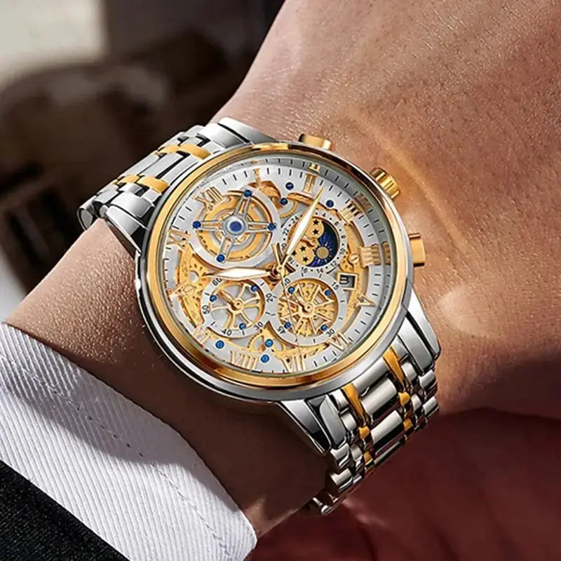LIGE men’s skeleton chronograph watch by Simples Market, two-tone gold and silver stainless steel bracelet.