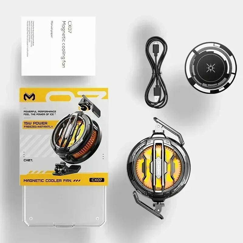Magnetic mobile phone cooler fan with back clip, USB-C cable, and yellow CX07 packaging