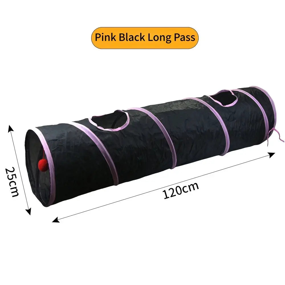 Simples Market cat tunnel toy, black with pink rings, foldable 120cm long and 25cm diameter for indoor play