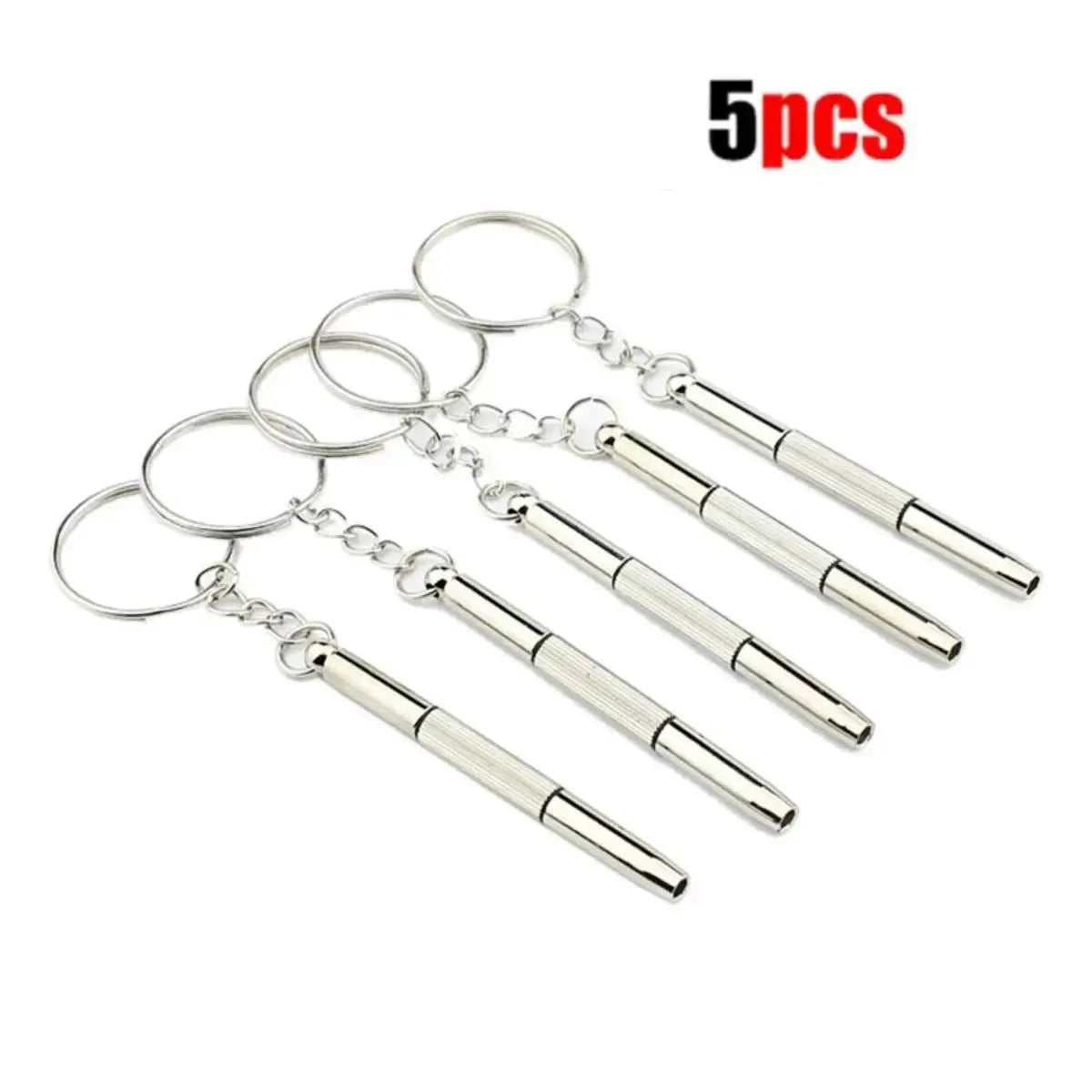 Mini precision screwdriver set, 5pcs, on keychains with silver knurled handles for eyeglasses and watches