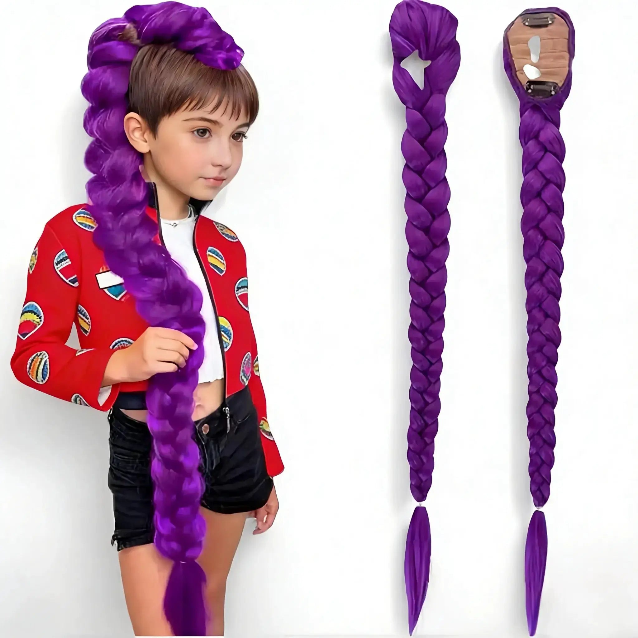 26 Inch Synthetic Braided Purple Hair Ponytail Rumi Costume Hairstyle Clips For Kids Girls Halloween Christmas