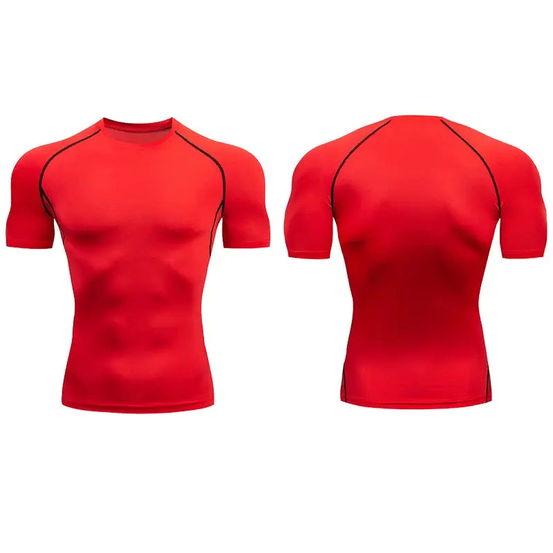 Simples Market men's red compression short-sleeve T-shirt with black contrast seams, front and back views (2-pack)