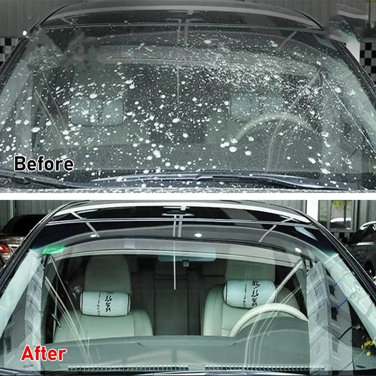 Simples Market car windshield washer tablets; concentrated glass cleaner, shown as before and after cleaning.