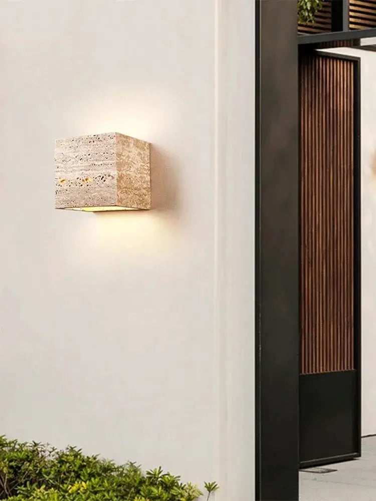 Wabi Sabi yellow marble LED wall lamp by Simples Market, travertine cube wall light