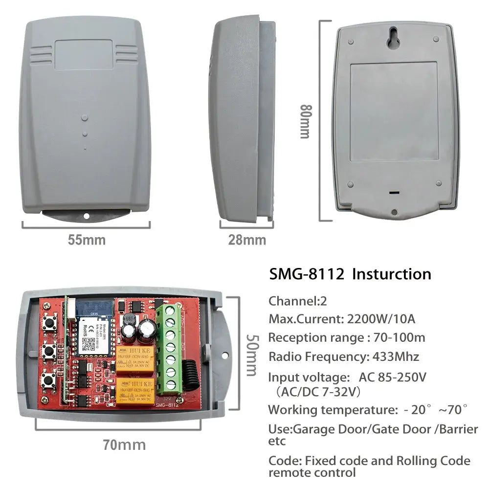 Simples Market SMG-8112 2-channel smart wifi garage door receiver gray plastic housing 80×55×28mm