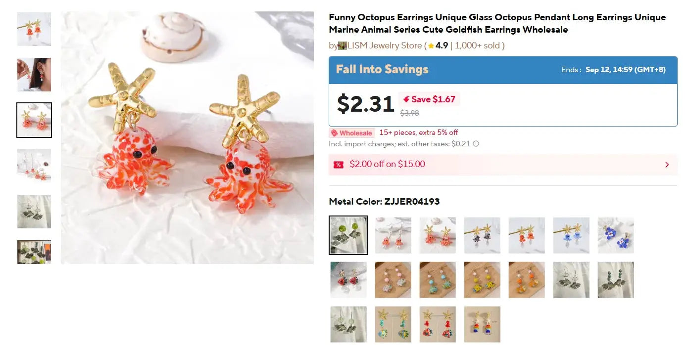 Pair of goldfish earrings: transparent orange koi fish pendants with gold starfish toppers