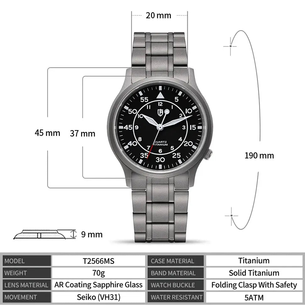 BERNY titanium men's watch with black dial, AR-coated sapphire glass, titanium bracelet, 5ATM water resistance