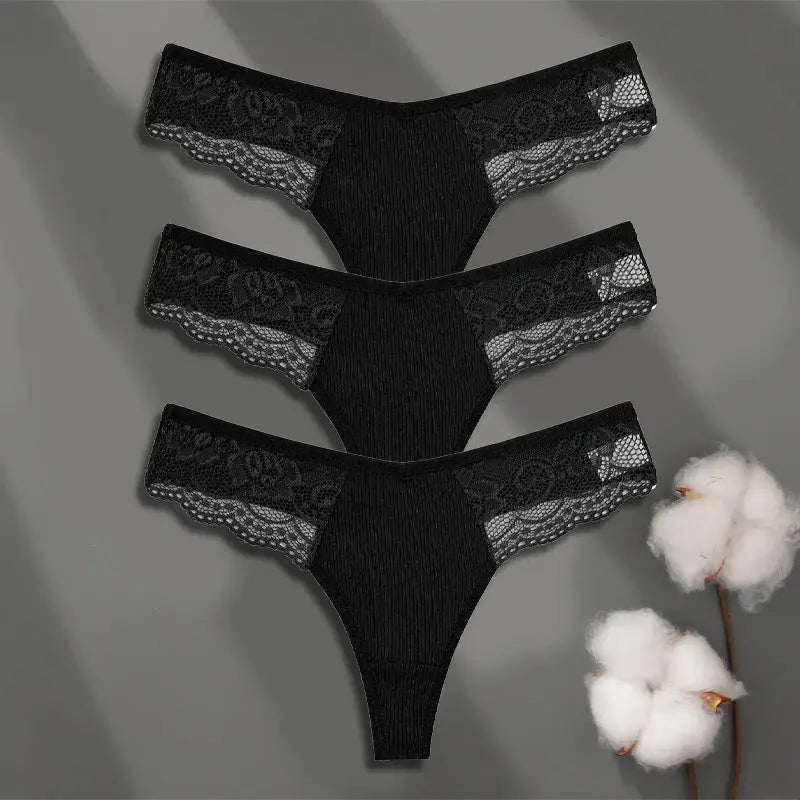 3-pack black lace thongs with low-rise fit and sheer lace sides