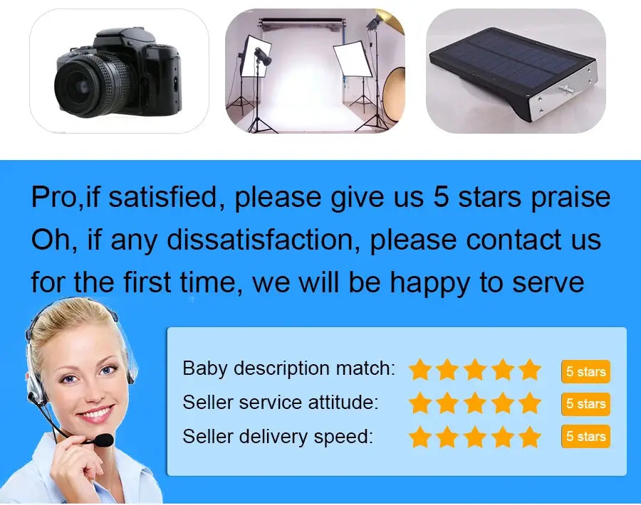 Collage of camera gear, studio lights, solar panel charger, blue banner, and a smiling headset-wearing woman.