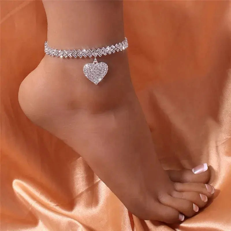 Women Copper Alloy Anklet With Cubic Zirconia Inlaid Water Diamond Love Pendant For Wedding Party Fashion Jewelry