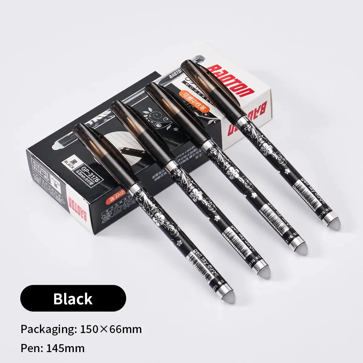 Simples Market kawaii erasable gel pens set; black 0.5mm ink with white floral pattern, 4 pens shown of 26-piece pack