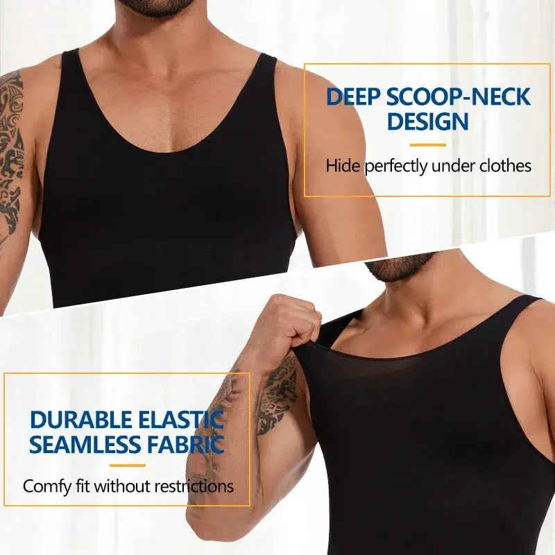 Men's black sleeveless full-body shaper vest with seamless fabric for compression