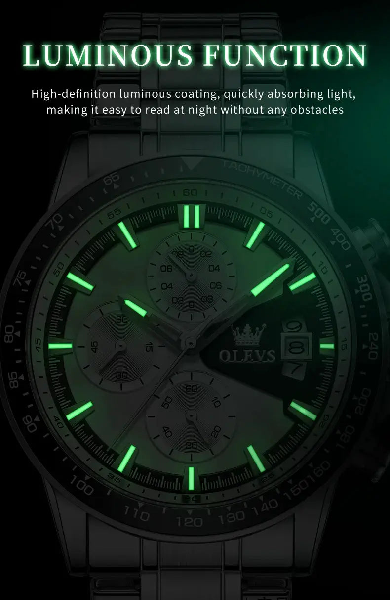 OLEVS TY705 men's stainless steel watch with luminous green markers, chronograph dials, and date window