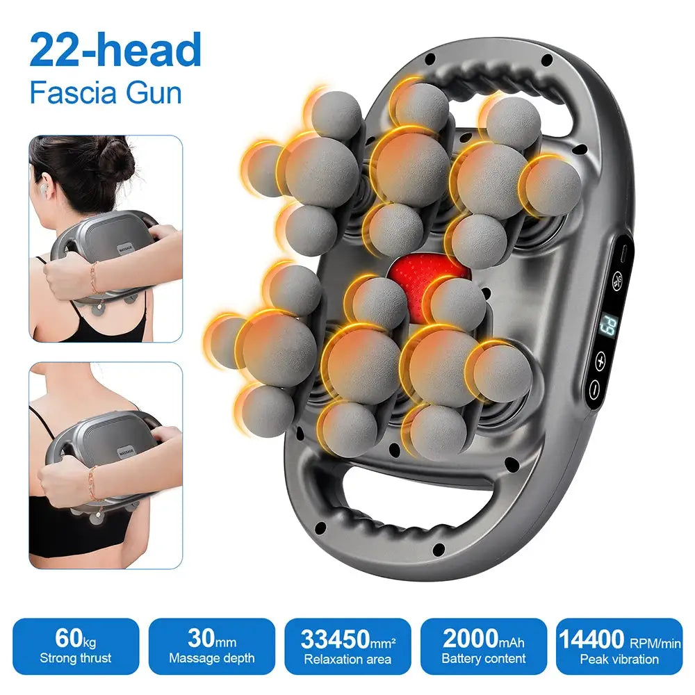 22-head fascia gun by Simples Market in gray for back, neck and shoulders massage