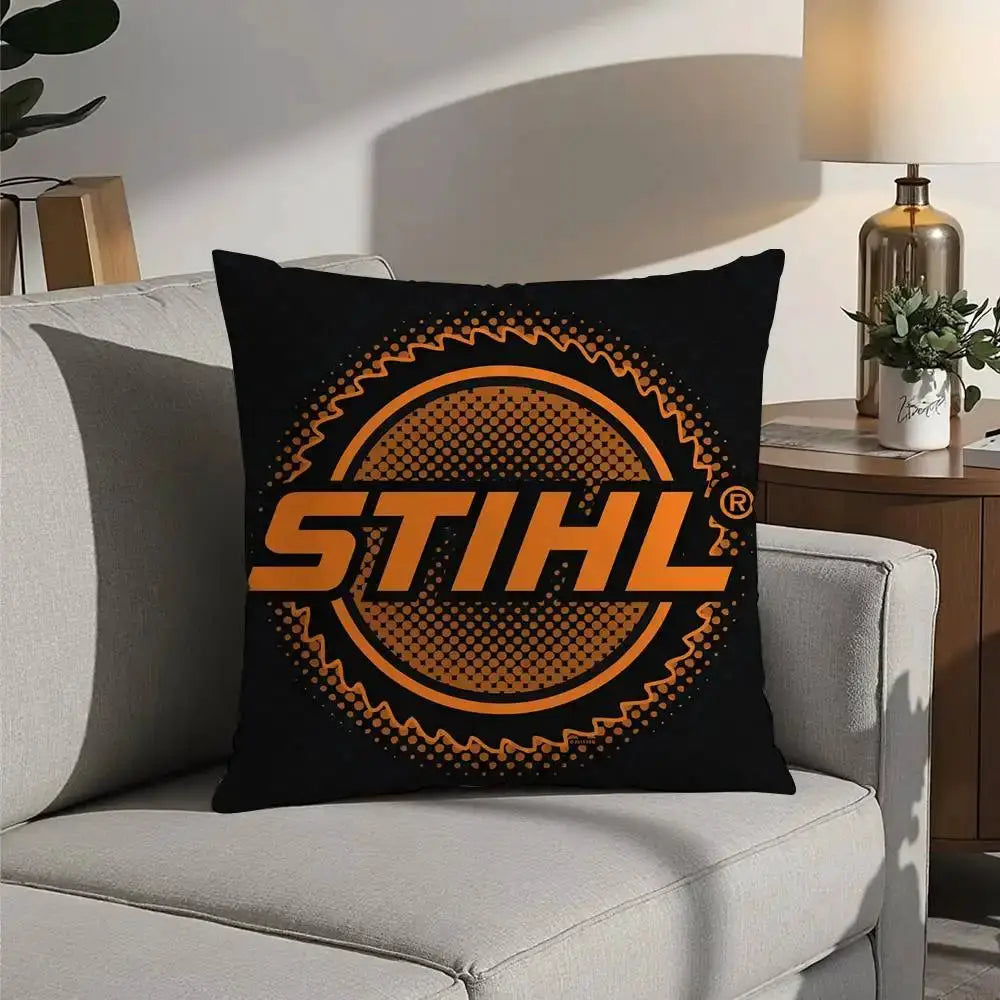 STIHL throw pillow cover on black short-plush cushion with orange logo; double-sided printing, Simples Market.