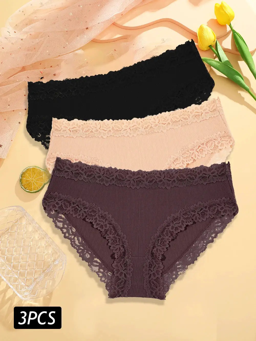 3PCS lace cotton panties set for women in black, beige and plum with floral lace trim