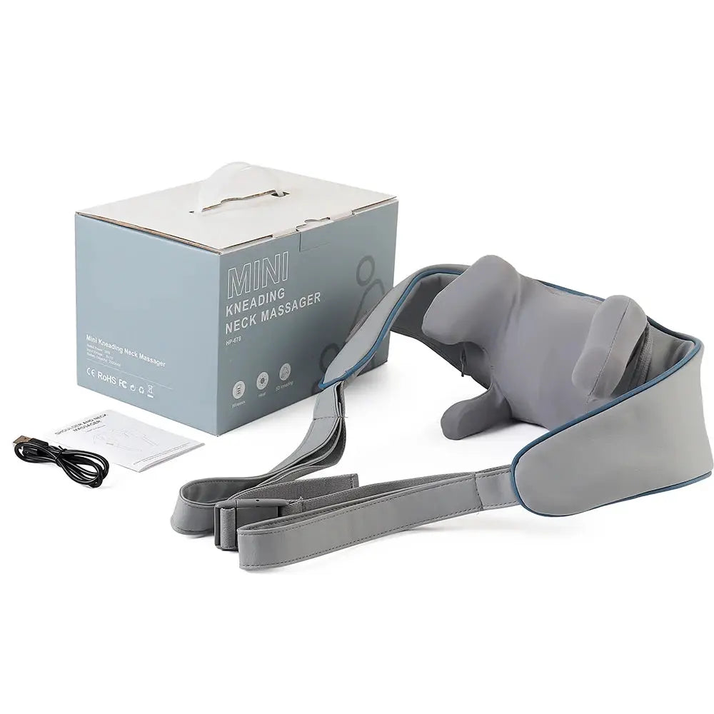 Foreverlily 26W mini kneading neck massager by Simples Market, gray with blue trim, wireless shawl design with box