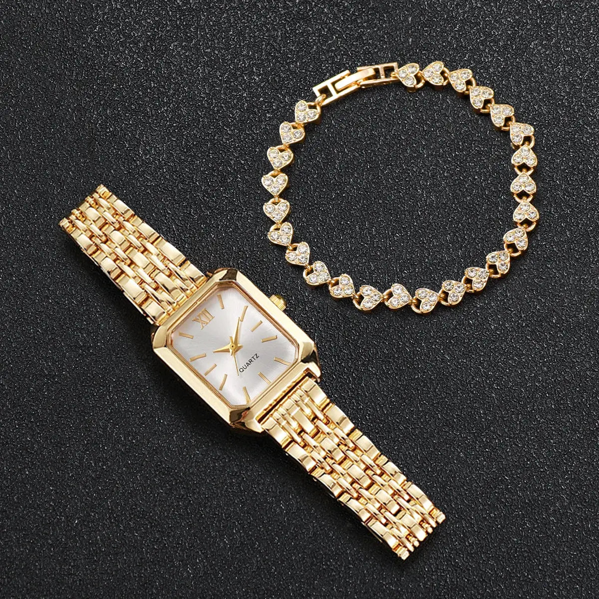 Gold-tone rectangle women's quartz watch with rhinestone heart bracelet, 2-piece set