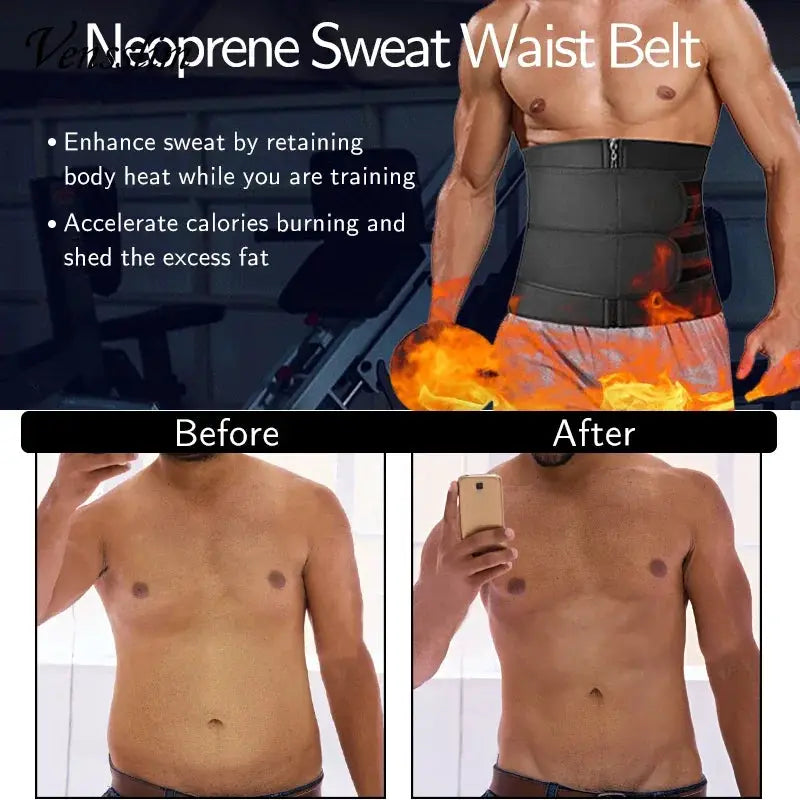 Vensslim neoprene waist trainer belt; black body shaper shown with before/after torso photos.