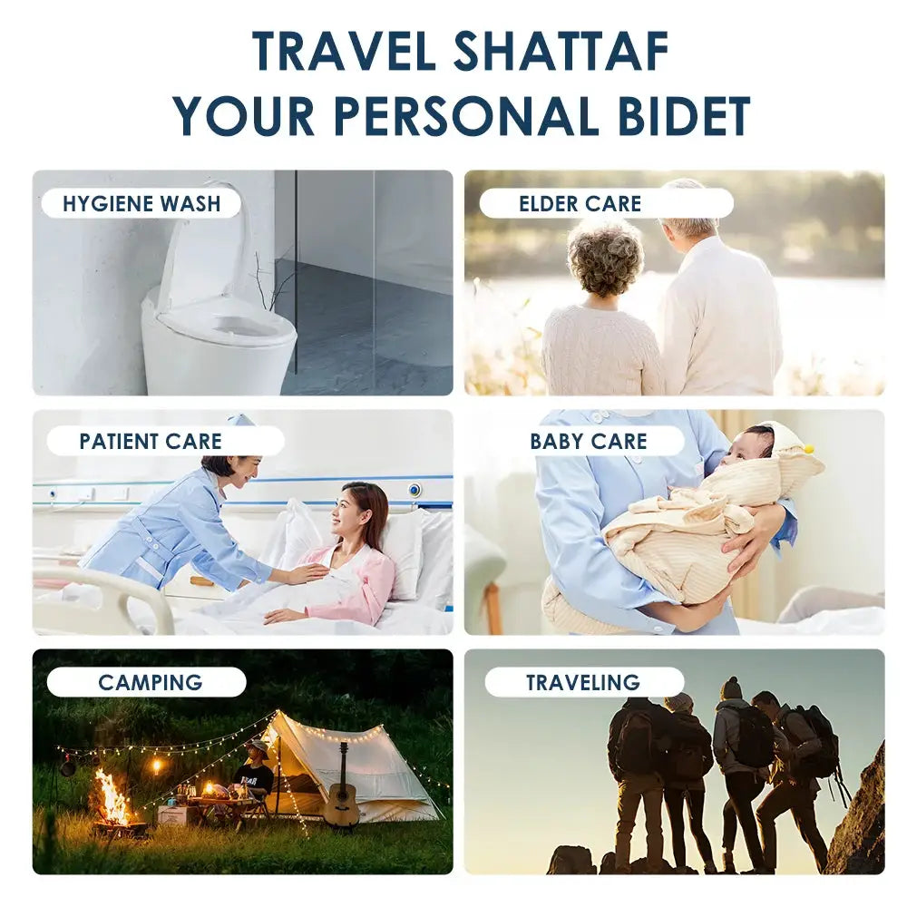 Wower portable electric bidet by Simples Market, 2.3L Shattaf, for travel and camping; shown in six lifestyle scenes.