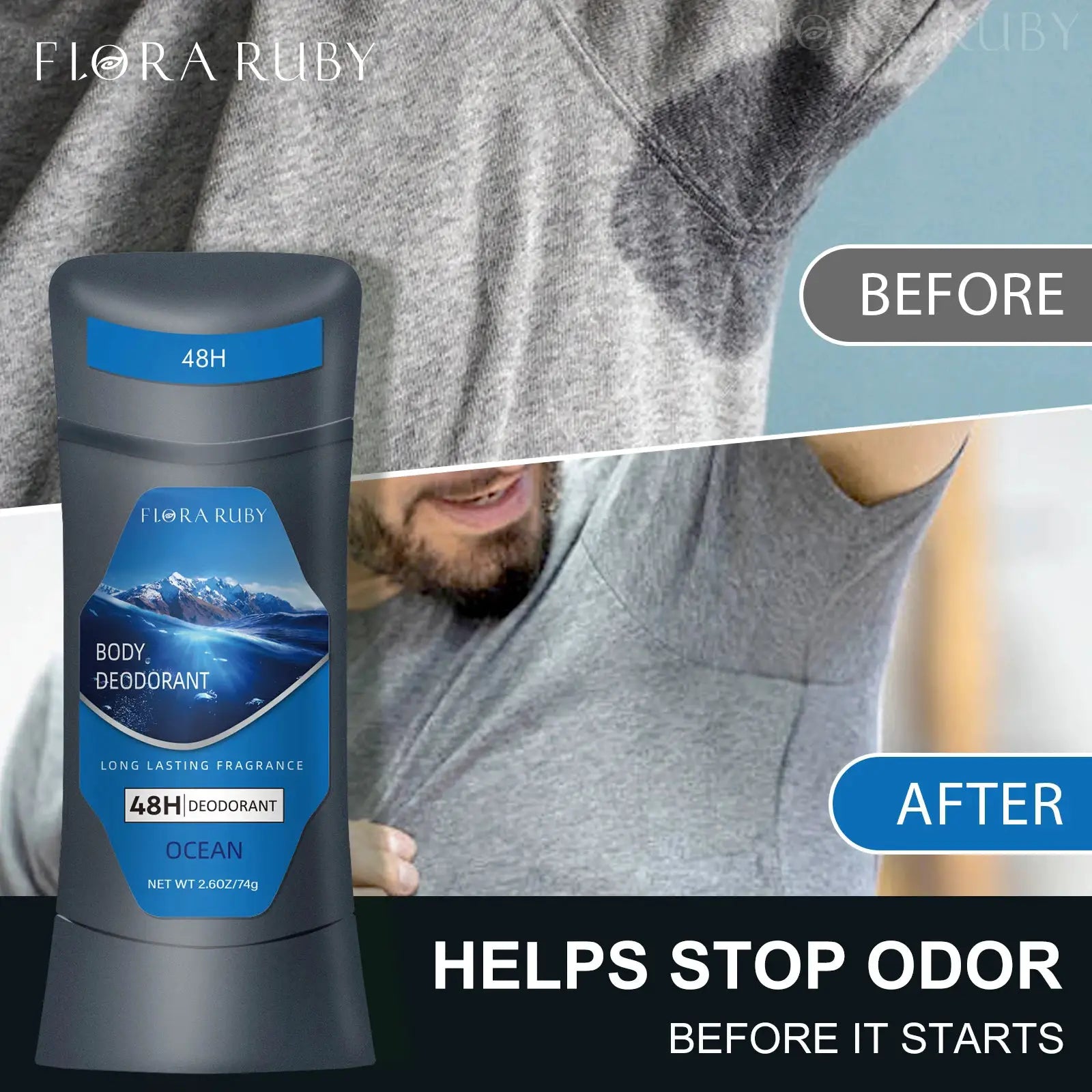 Body deodorant stick for men by Simples Market, ocean scent, aluminum-based antiperspirant, 74g