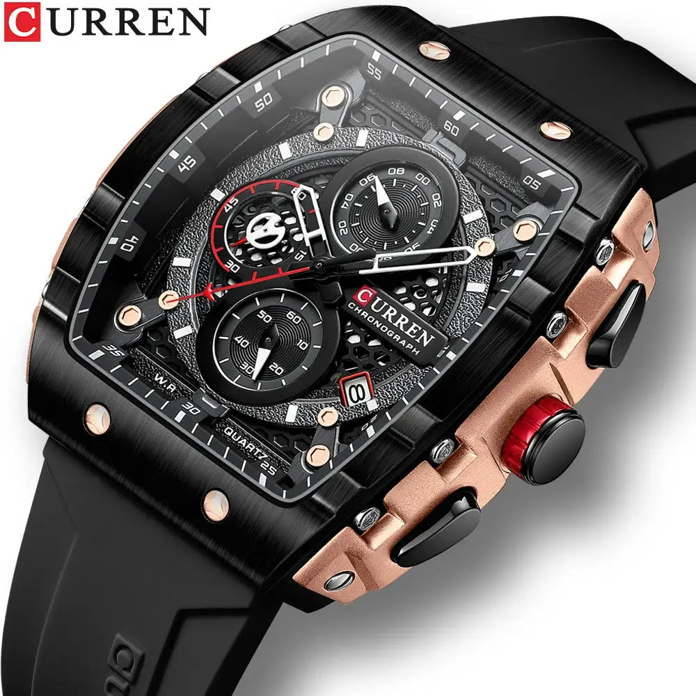 Curren Luxury Square Quartz Wristwatch For Men Water Resistant Luminous Chronograph With Date Alloy Case Silicone Strap