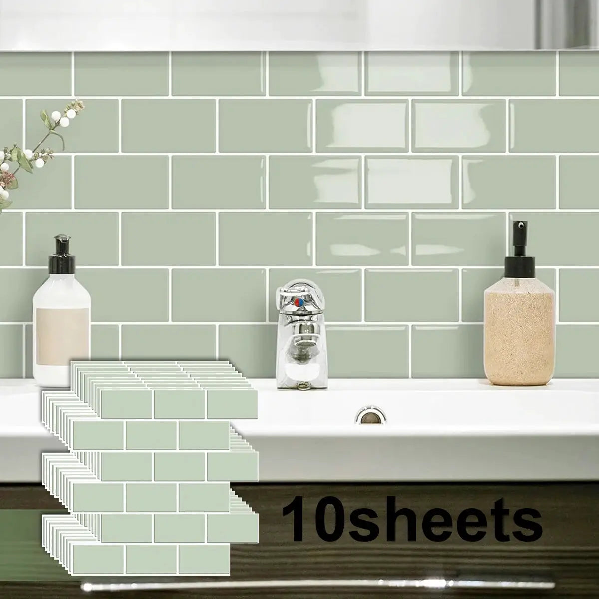 Simples Market peel-and-stick backsplash tiles, 10 sheets in mint green, waterproof and easy to clean