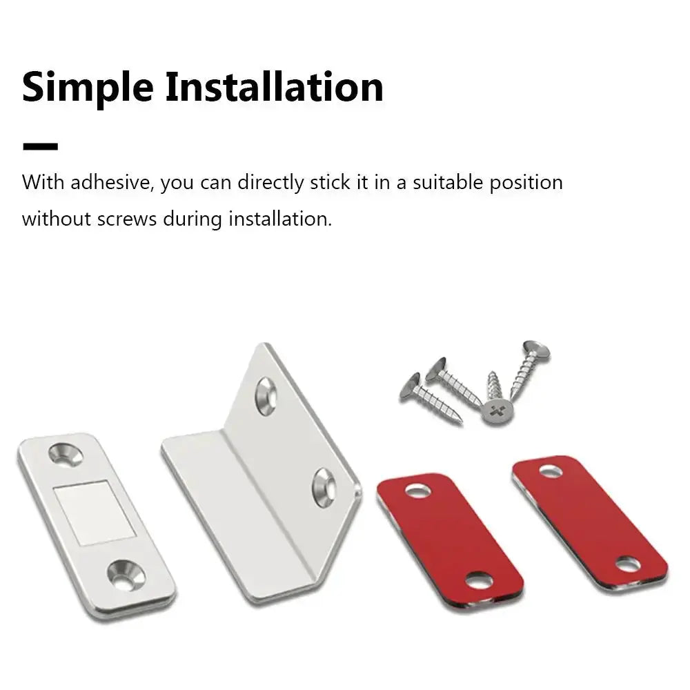 L-type strong magnetic cabinet door catch set with metal brackets, two red magnet plates and screws