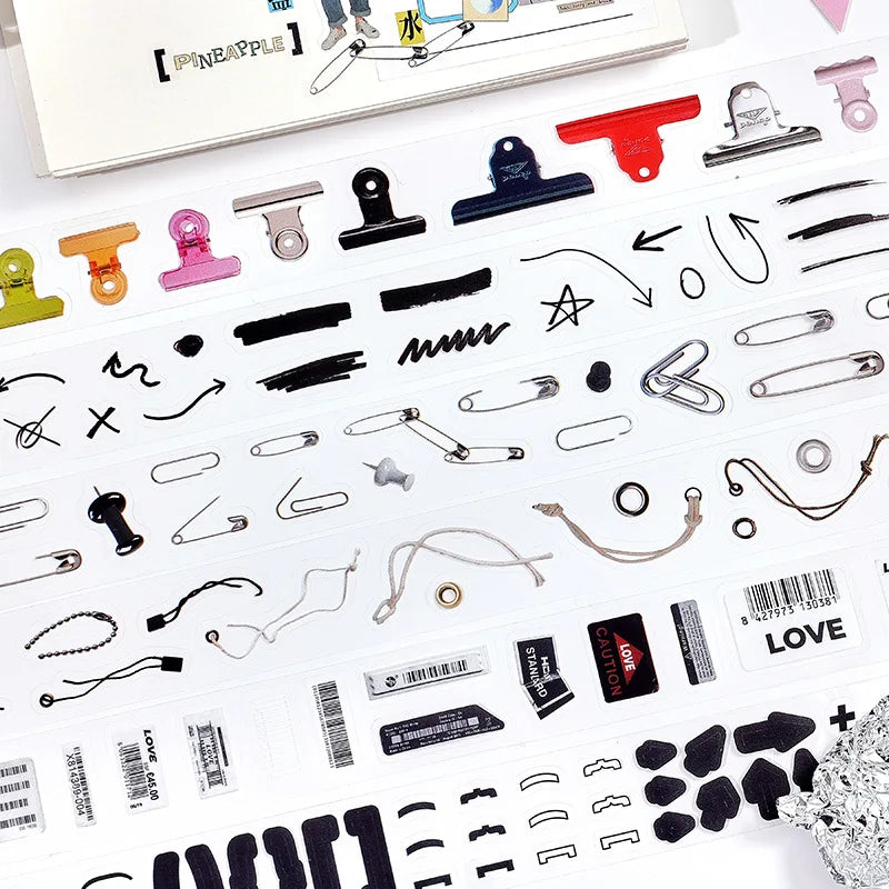 Decorative adhesive tape and sticker sheet set from Simples Market for journaling; assorted clip-art icons
