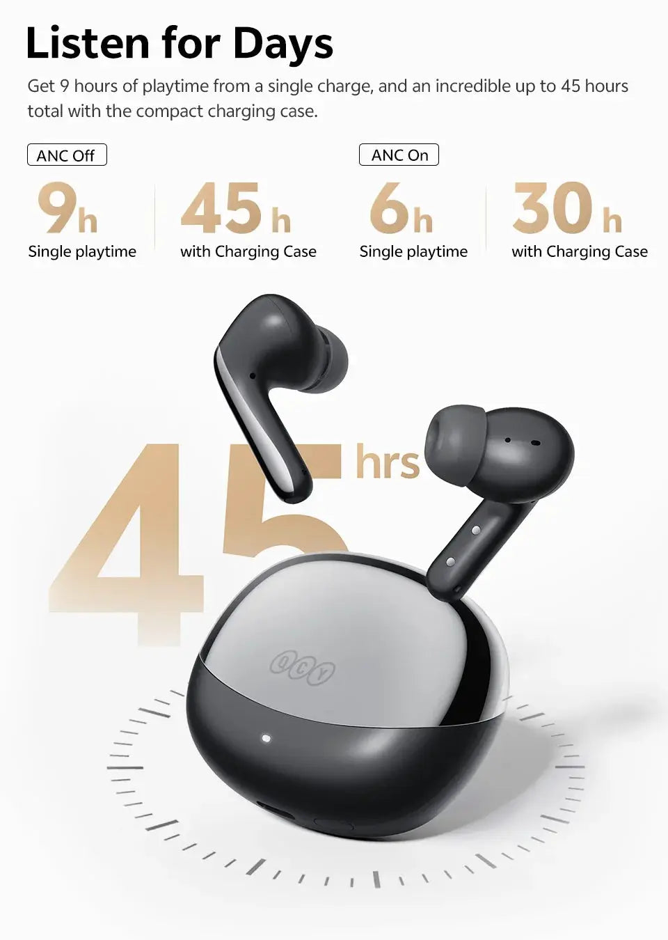 QCY MeloBuds N60 wireless earbuds with charging case in black/graphite finish; 45h total playtime.